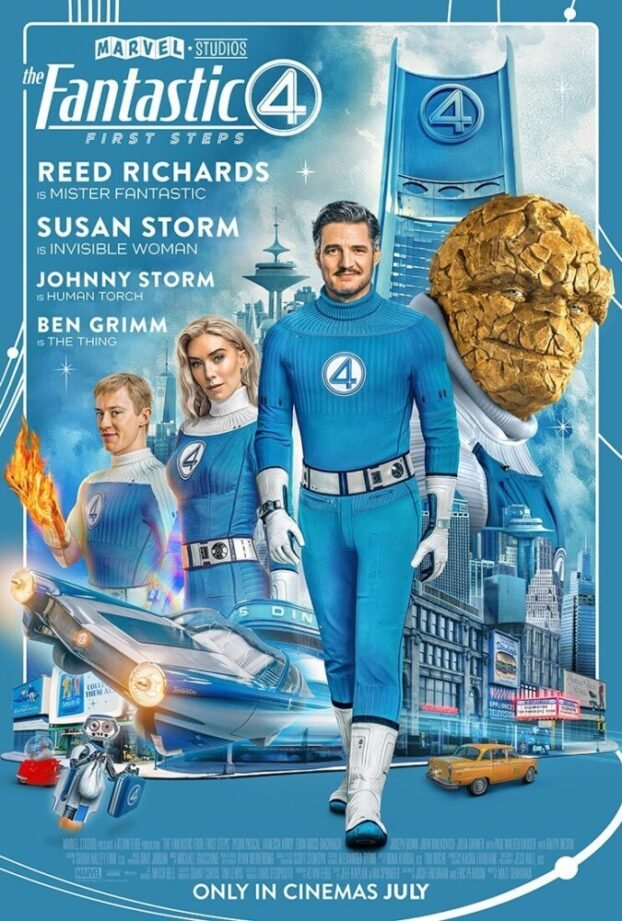A poster with the four main characters of Fantastic Four, Ben, Sue, Johnny, and Reed. Their main home building and a retro car is on the poster as well.