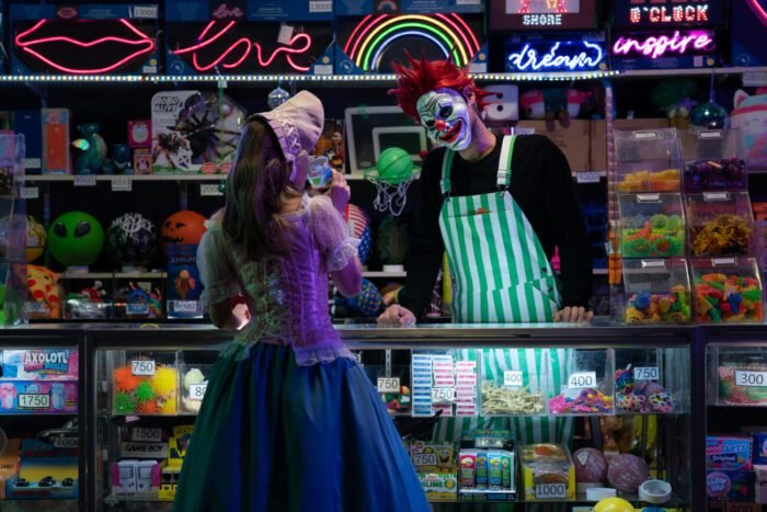 A woman speaks with a clown behind a counter.
