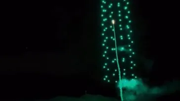 A rocket flies through the center of the drone swarm