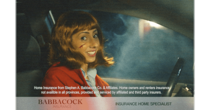 A woman with a scratch under her eye in a car insurance advertisement (Buffet Infinity)