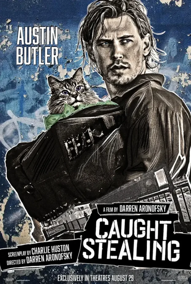 Hank and Bud the cat. Hank is holding a money bag with Bud in it.