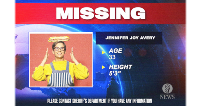 A woman balances a sandwich on her head on a news program's stock image for a missing person. (Buffet Infinity)
