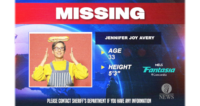 A woman balances a sandwich on her head on a news program's stock image for a missing person.