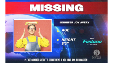 A woman balances a sandwich on her head on a news program's stock image for a missing person.