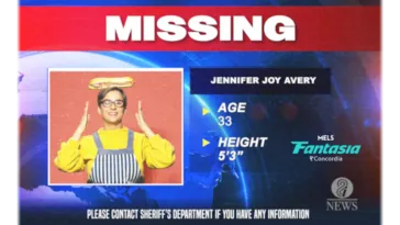 A woman balances a sandwich on her head on a news program's stock image for a missing person.