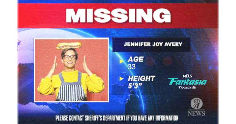 A woman balances a sandwich on her head on a news program's stock image for a missing person.