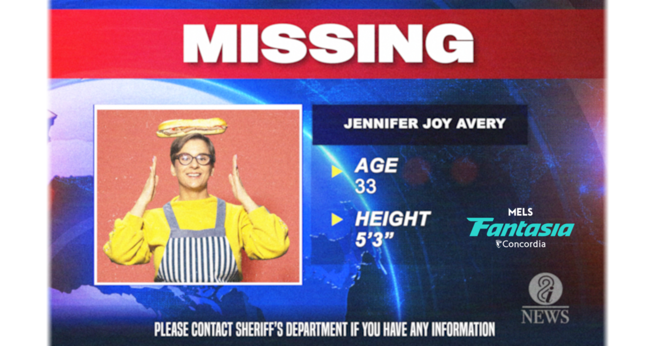 A woman balances a sandwich on her head on a news program's stock image for a missing person.