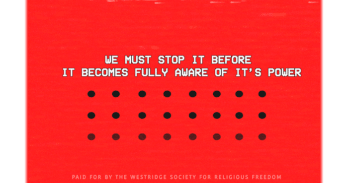 A red background, a cryptic message, and several black dots.