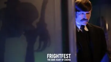 A man peaks out from behind a curtain with an exaggerated shadow of a skeleton on it. (A Blind Bargain)