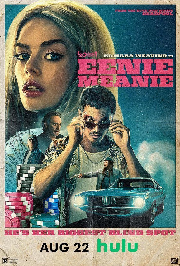 The poster for Eenie Meanie looks old and folded like a '70s movie displaying a car and poker chips in the front and stacking the cast of characters to the left.