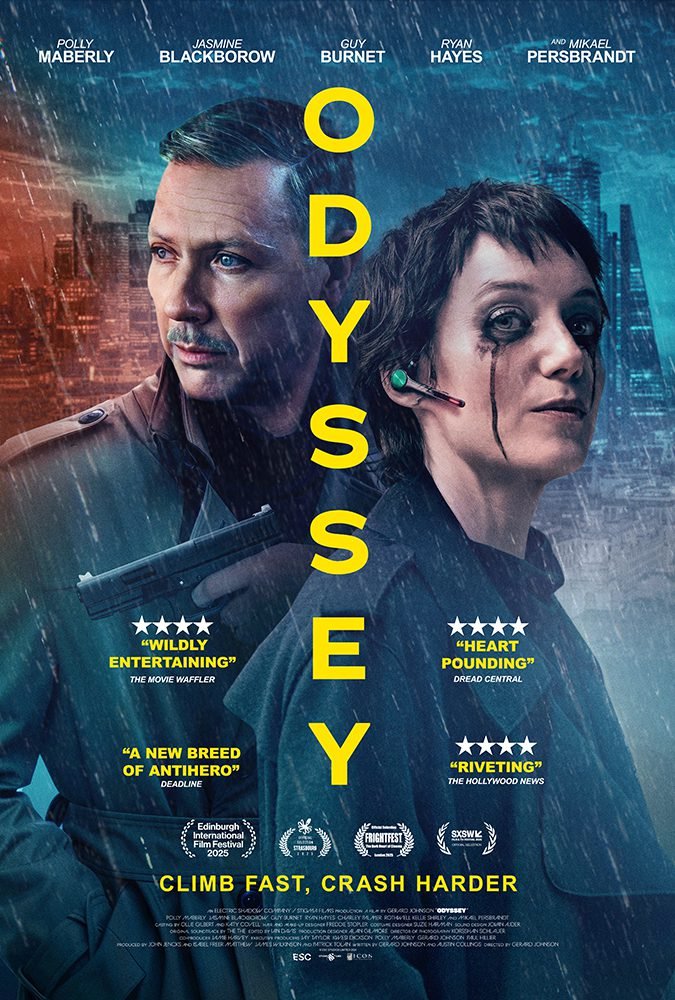 Aman looking left stands beside a woman with her makeup running down her cheeks and a bluetooth headset over her ear on the poster for Odyssey.