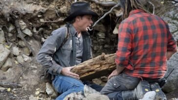 Josh Feldman and Chad Ollinger inspect an old piece of timber they suspect is hundreds of years old.