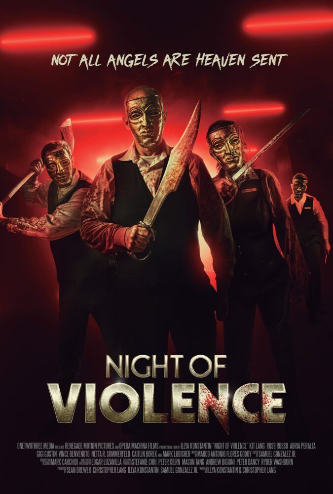 The poster for Night of Violence shows four well-dressed masked individuals with knives appearing at a Dutch angle, walking down a red hallway.