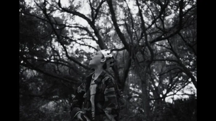 a boy in a paper crown shouting in the woods.