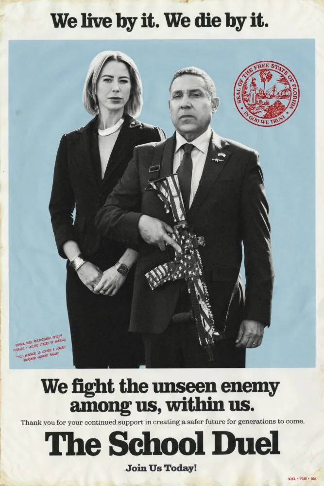 A well dressed woman standing behind a well dressed man who is holding a patriotic looking assault rifle on the poster for THE SCHOOL DUEL