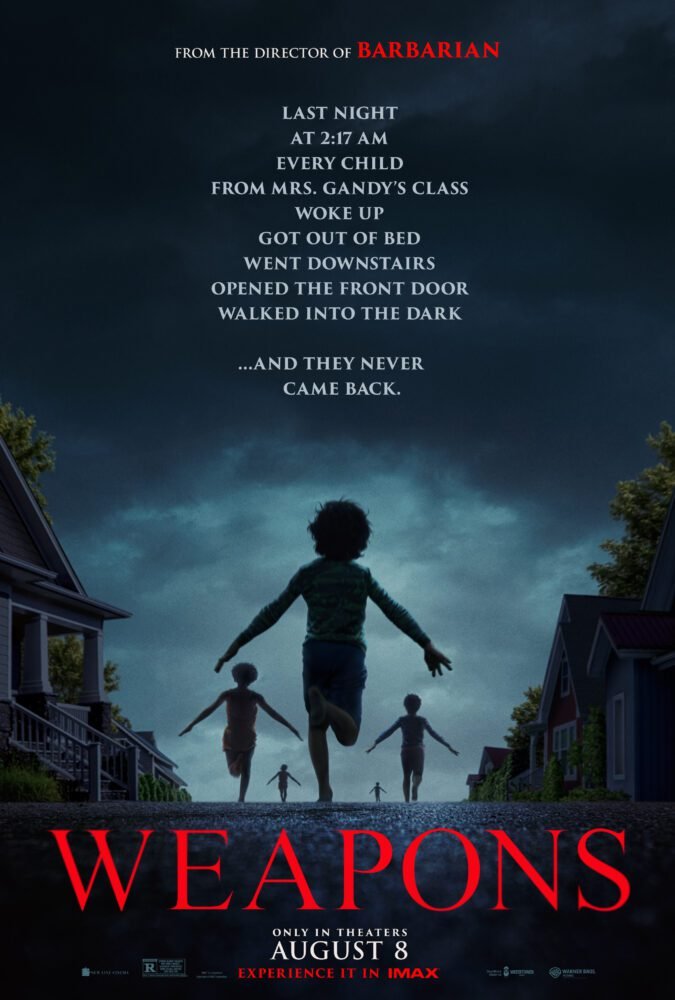 The poster for WEAPONS shows the silhouettes of children with their arms out at their sides running down a suburban street at night.