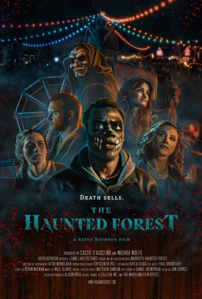 The poster for The HAunted Forest shows a collage of characters under carnival lights and a Ferris Wheel.