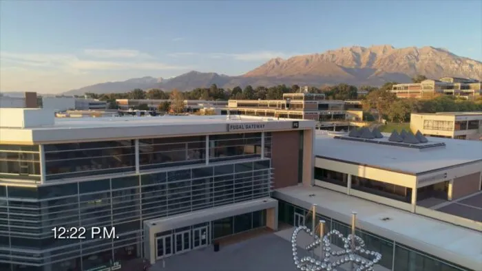 An outside view of Utah Valley University with Brandon Fugal's name on it