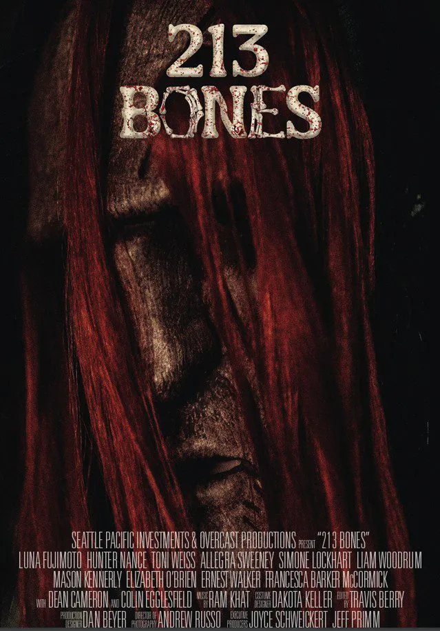 The poster for 213 Bones shows long red hair draped over a wood carved mask.