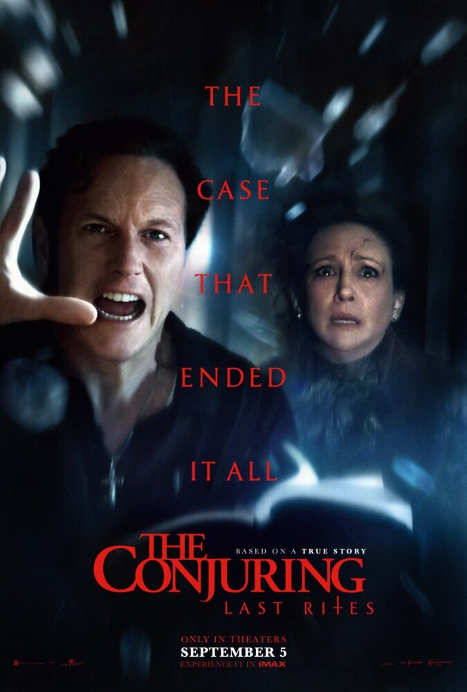 The poster for The Conjuring: Last Rites says "The Case That Ended It All" while showing a man with his hand extended reading from a book and a scared and worried woman over his shoulder.