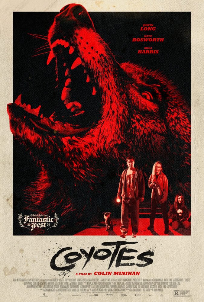 The poster for Coyotes shows the face of the animal and the family standing in the lower right corner