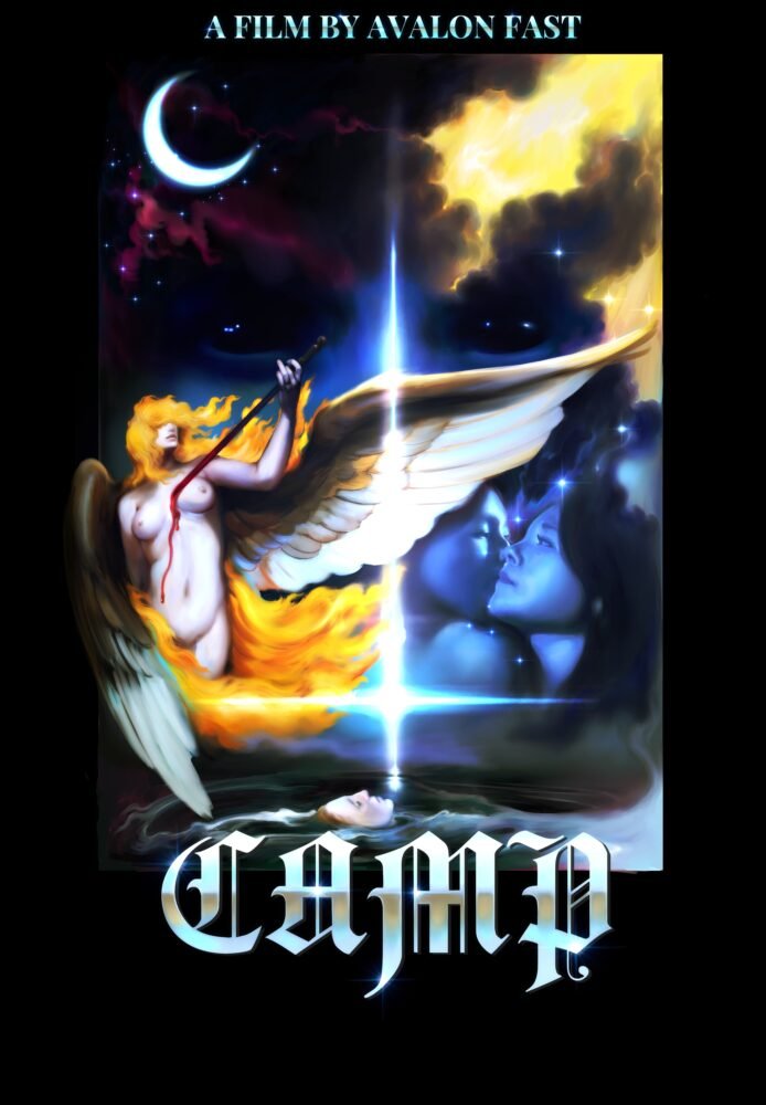 The Camp poster looks like a fantasy with bright angelic imagery on the left side and a contrasting dark imagery on the right.