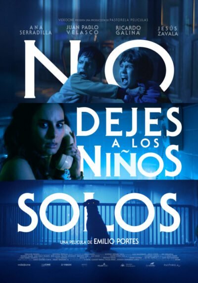 Poster for Don't Leave the Kids Alone shows a woman on the phone, two children screaming, and a dog with red eyes.