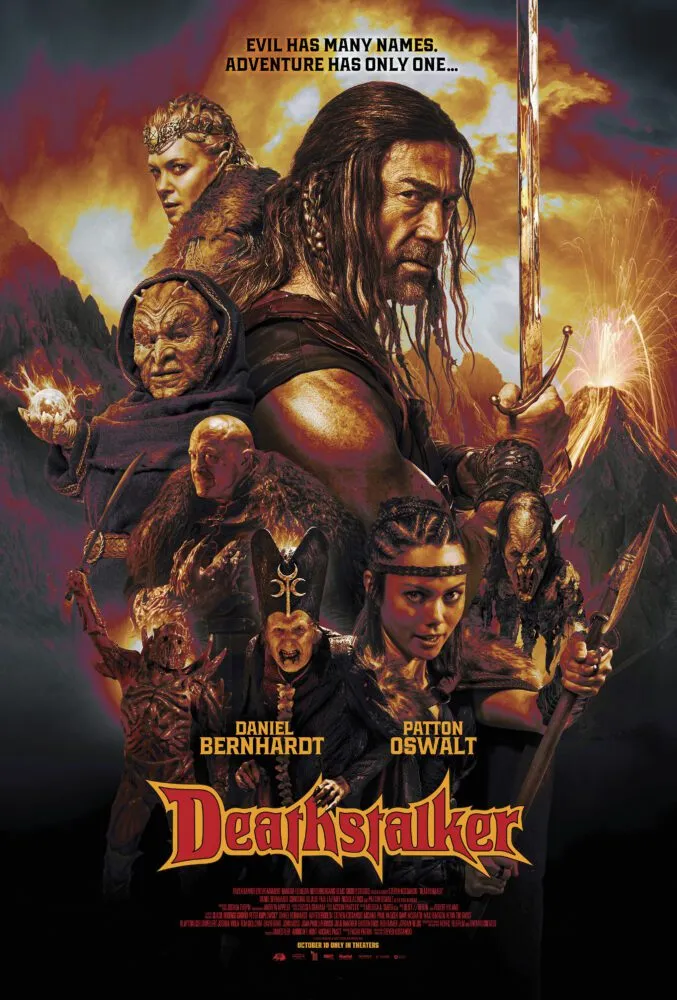 poster for DEathstalker shows a collage of people underneath the sword brandishing Deathstalker.