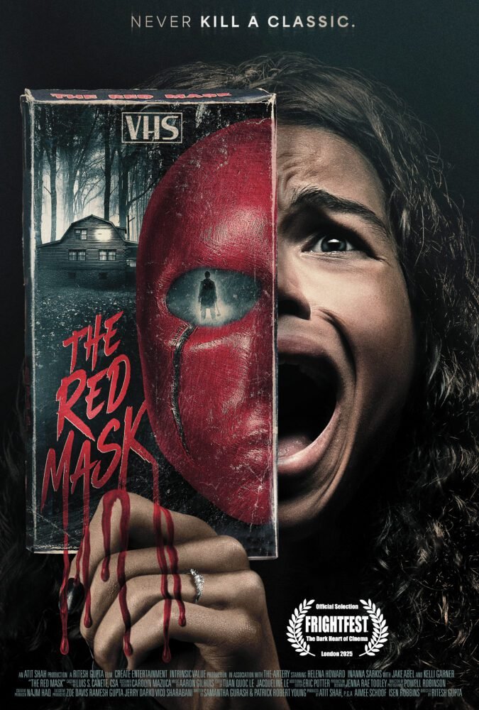 The poster for The Red Mask shows a woman holding up a VHS copy of the diegetic film with a bloody hand, creating a full face split by the screaming image of her own behind it.