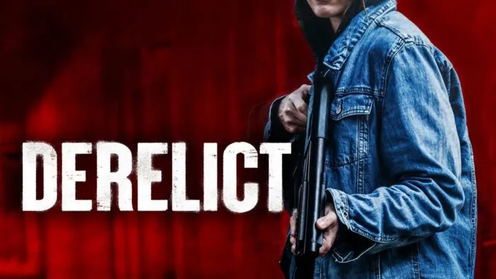 The digital poster for Derelict is a red background with the shoulder-down view of a denim clad individual brandishing a shotgun.