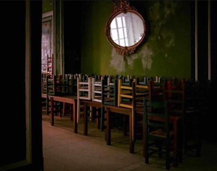 Stacked chairs in a restaurant
