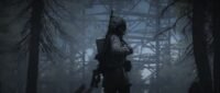 A man in a long coat and gasmask with a rifle over his shoulder walks through a dark forrest. He turns and looks at the camera