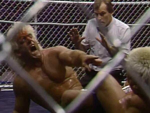 Ron Garvin has Ric Flair in trouble in the figure four leglock