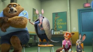 Nick and Judy sit in chairs next to armadillo who is picking a bear's hair. They are in buddy counseling.