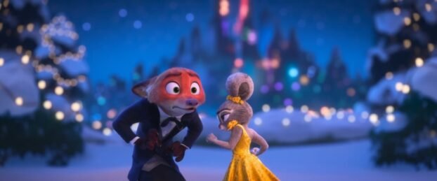 Judy punches Nick in the gut because he teased her about her hears. He's wearing a black suit, while she's wearing a yellow dress.