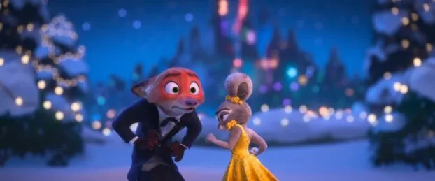 Judy punches Nick in the gut because he teased her about her hears. He's wearing a black suit, while she's wearing a yellow dress.