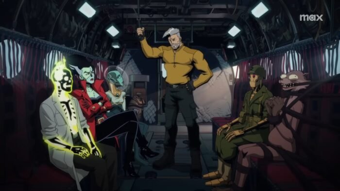 Rick Flag Sr. briefs the creatures of Creature Commandos inside an aircraft.