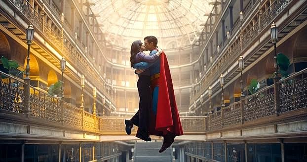 Superman and Lois Lane embracing each other with a kiss as they float upwards in what looks like a shopping mall.